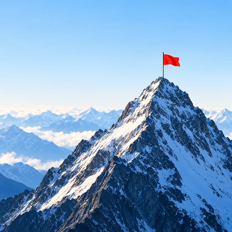 A flag planted at a mountain summit