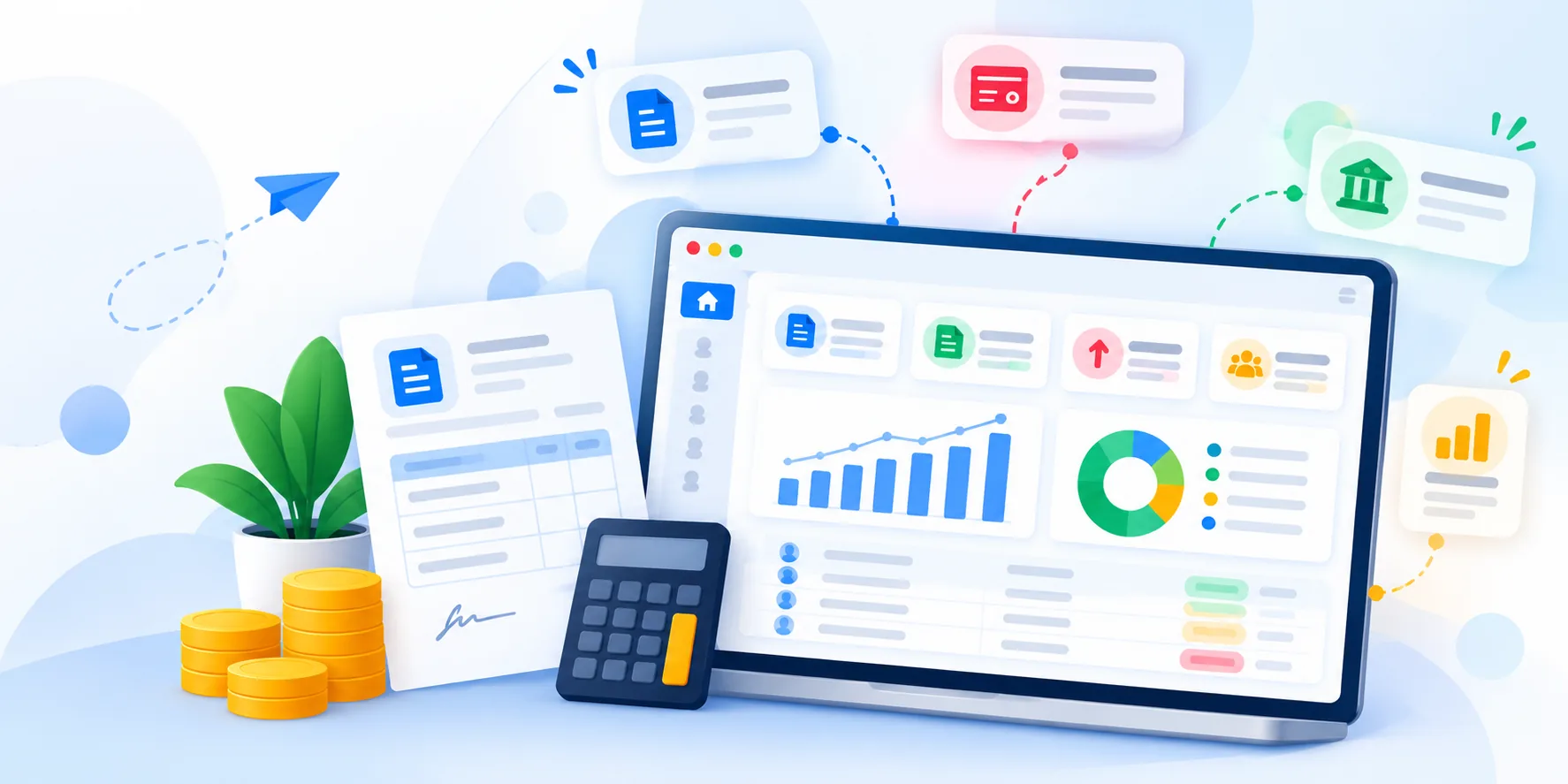 Flat vector illustration of a small business accounting dashboard with invoices, expense tracking, payment status indicators, and financial charts.