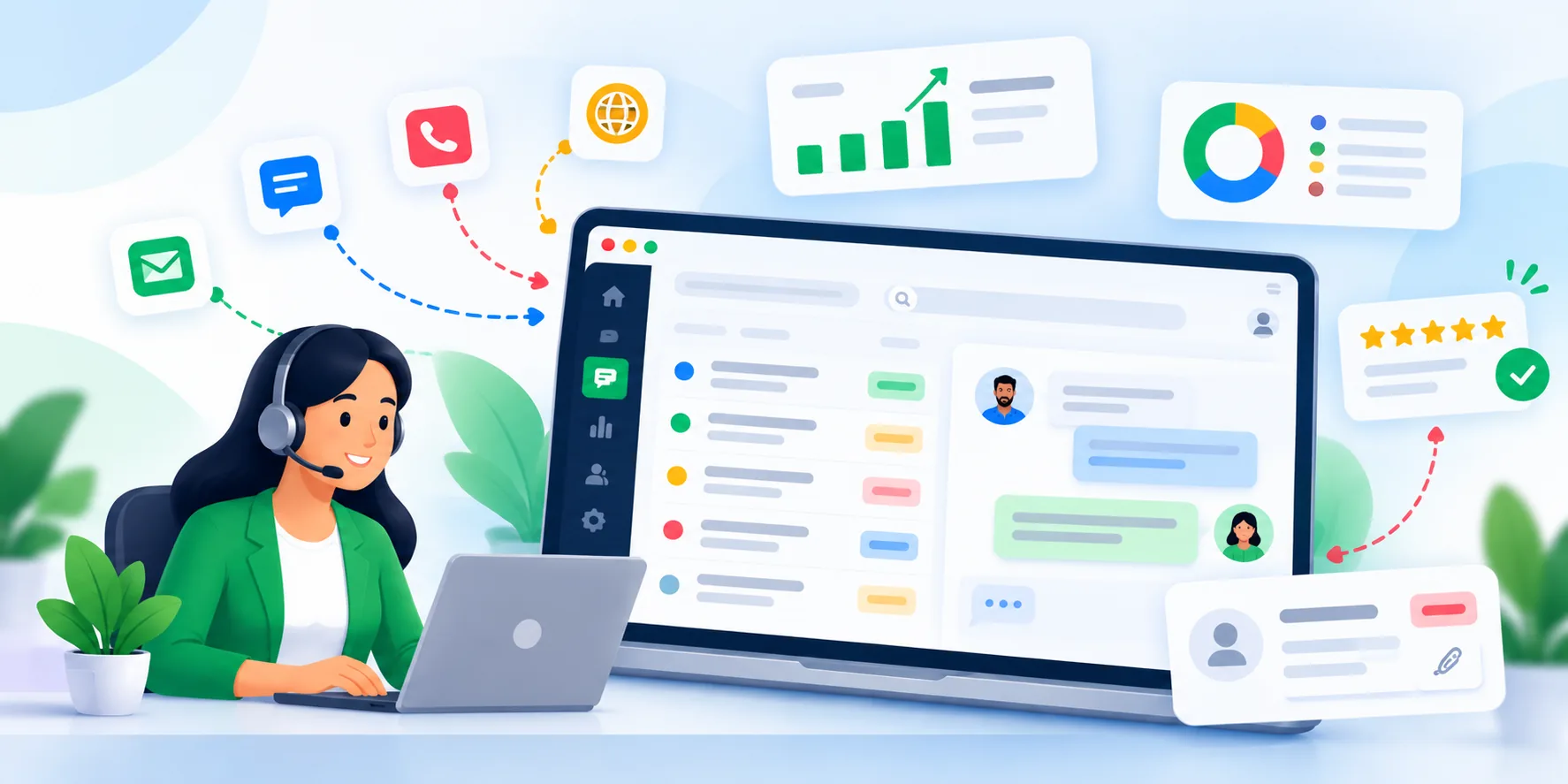 Flat vector illustration of a customer support dashboard with organised support tickets, priority indicators, customer conversations, and service performance charts.