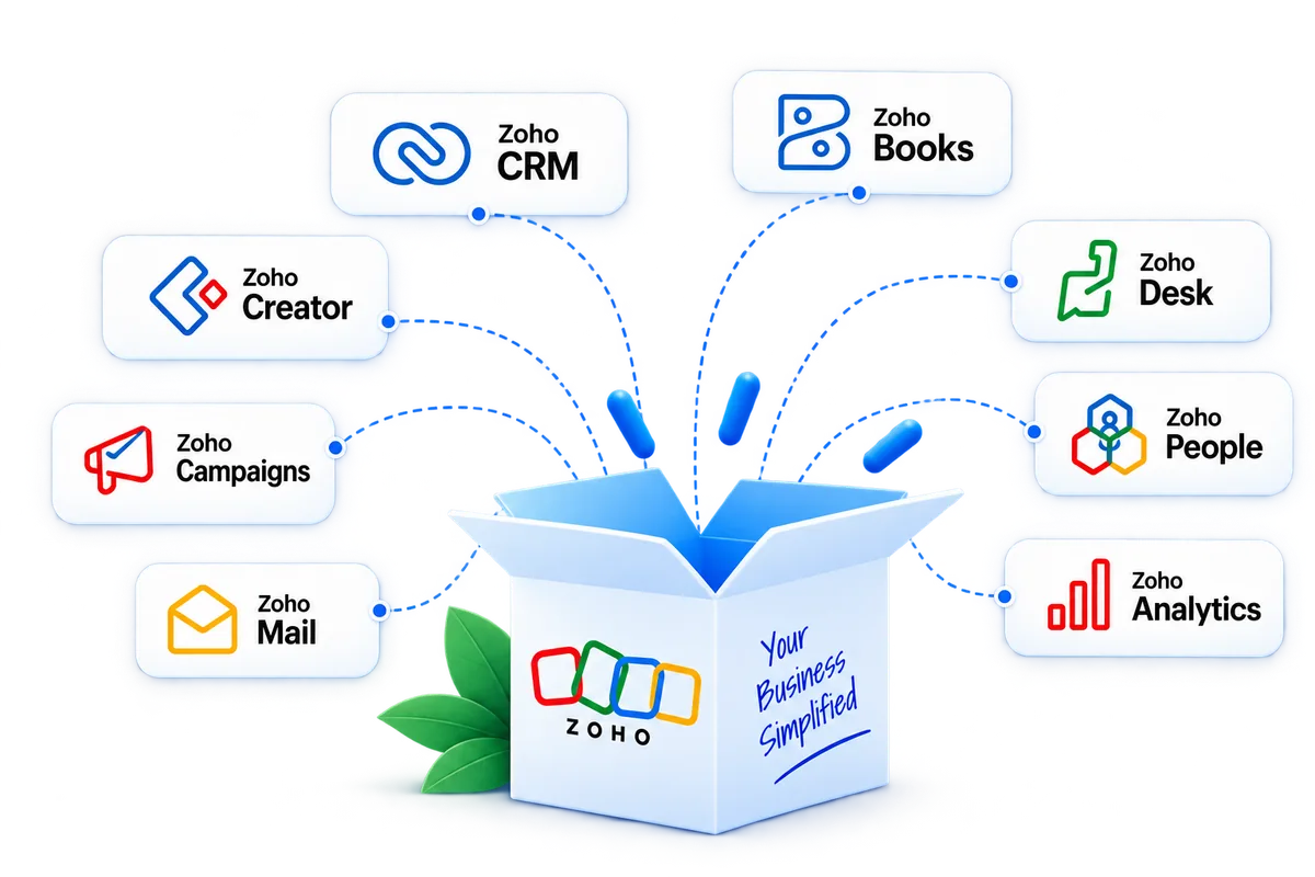A Zoho box with app cards for CRM, Books, Creator, Desk, Campaigns, People, Mail and Analytics floating out of it