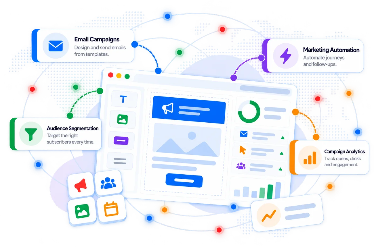 Zoho Campaigns dashboard with its key capabilities