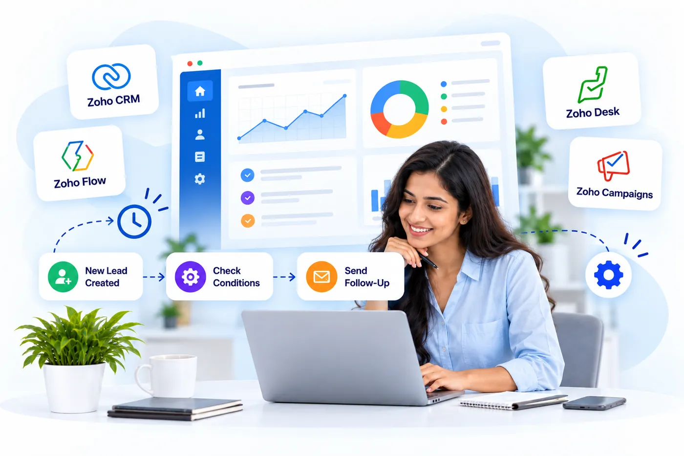 A professional building an automated Zoho workflow on a laptop, where a new lead triggers a condition check and a follow-up
