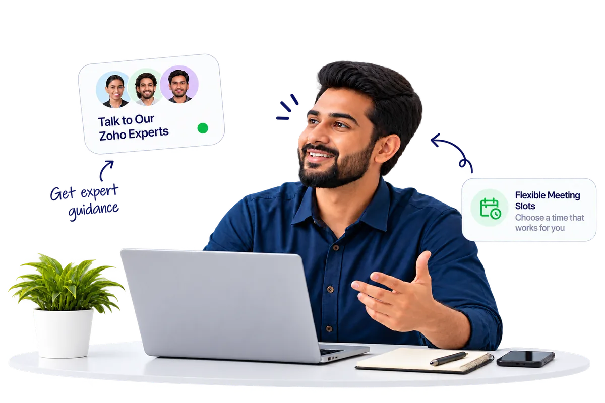 A smiling Zoho consultant at a laptop, with cards for talking to Zoho experts and choosing a flexible meeting time
