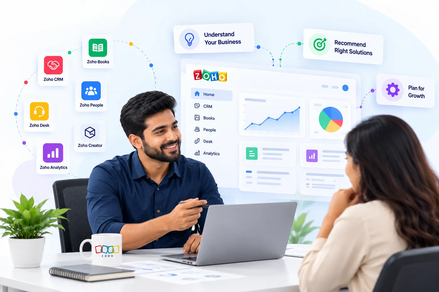 A Zoho consultant discussing business needs with a client, with Zoho CRM, Books, People, Desk, Analytics and Creator shown around a dashboard
