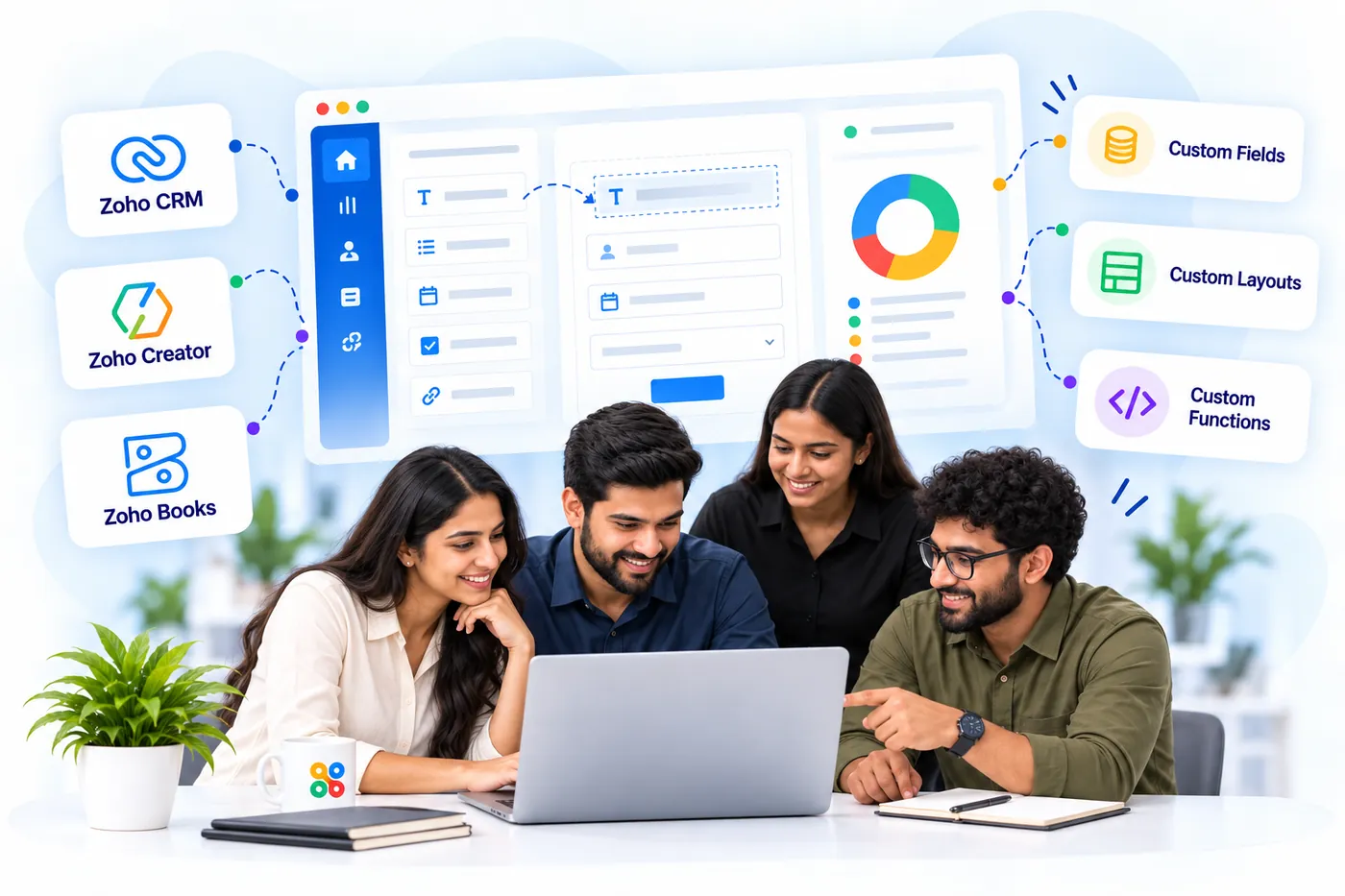 A team customizing Zoho fields, layouts and functions on a laptop, with a form editor on the dashboard behind them