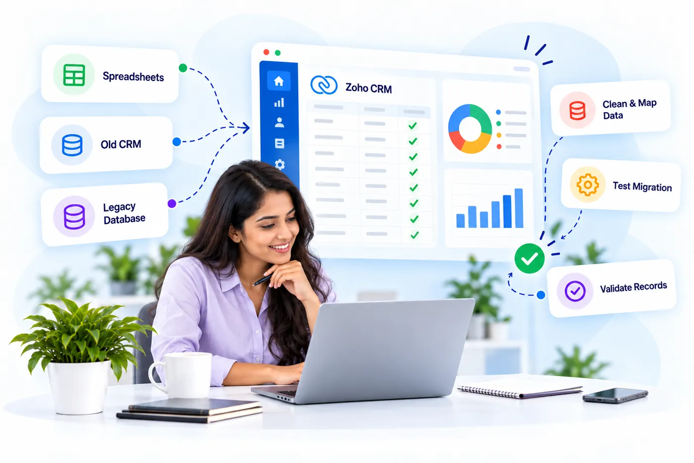 A consultant migrating data from spreadsheets, an old CRM and a legacy database into Zoho CRM and validating the records