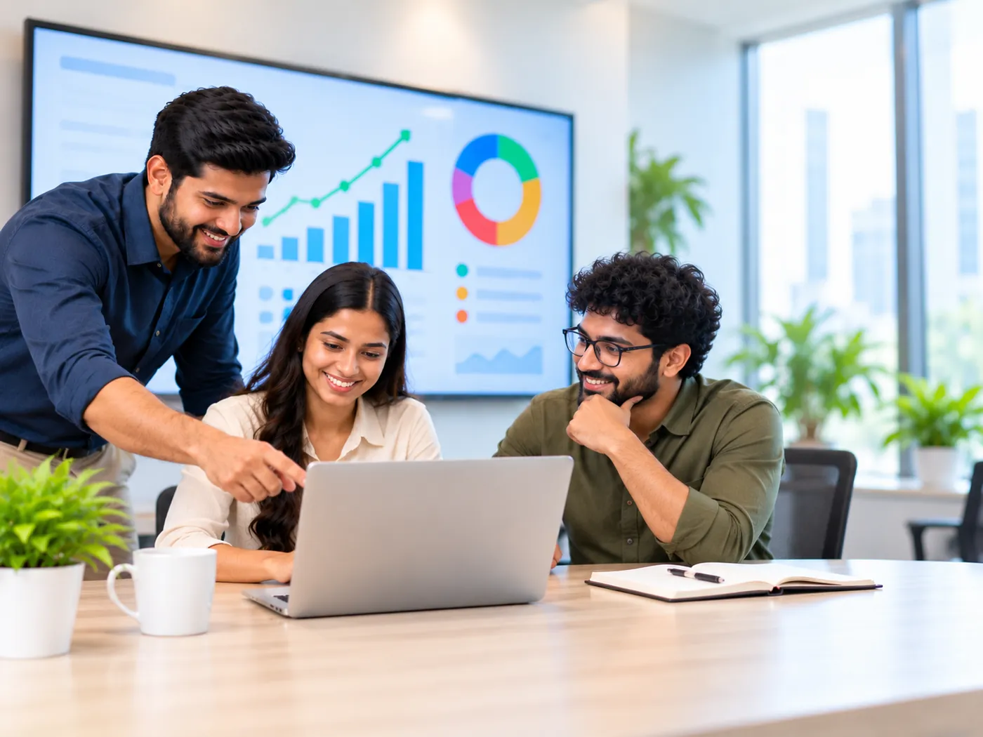 A team gathered around a laptop in front of a wall screen showing business charts, discussing results