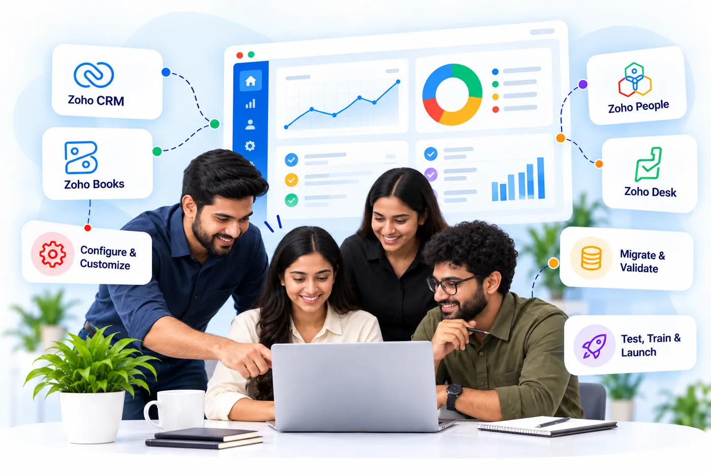 A team of Zoho specialists setting up a Zoho dashboard together on a laptop, with Zoho CRM, Books, People and Desk shown around it