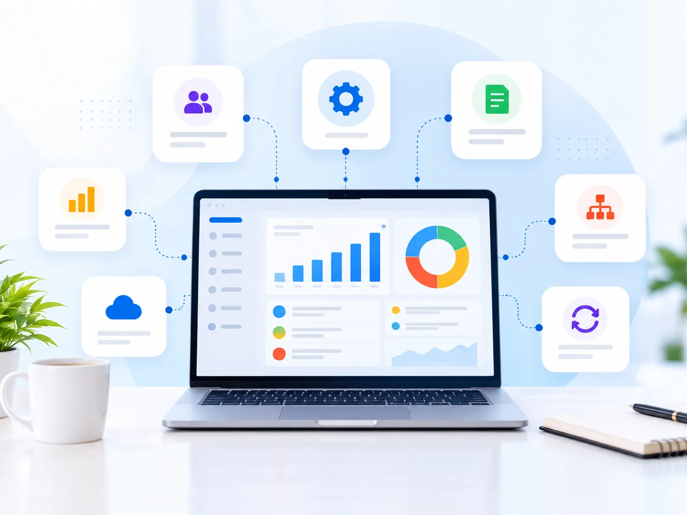A modern laptop display with business dashboards, automated sync loops, and workflow hierarchy