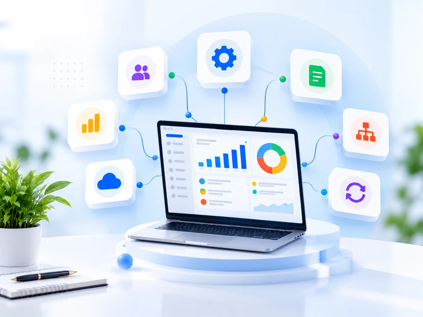 A high-level view of the Zoho business platform with connected apps and analytics on a display